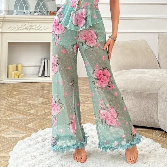 Green Romantic Women's Jacquard Camisole with Long Pants Pajama Set - Picture 5 of 7